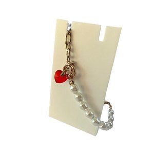 Womens Bracelet Jewelry 3.5" Diameter Faux White Pearl Bead Red Heart Costume Fa